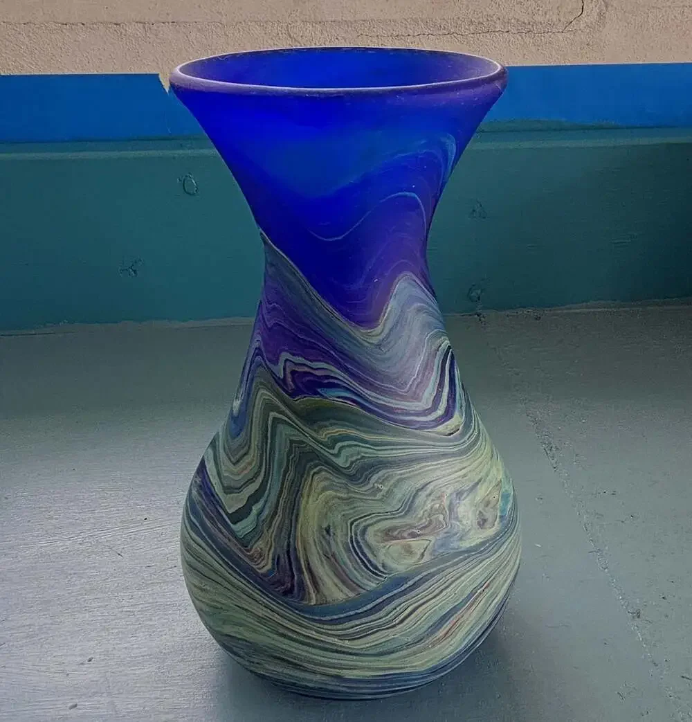 Hand Blown Art Glass Swirled Blue and Green Vase